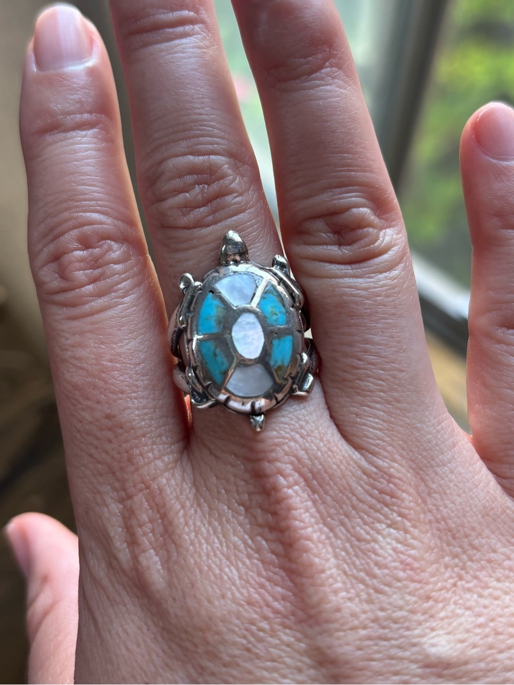 Sterling Silver Turtle Ring with Turquoise & Mother of Pearl Inlay